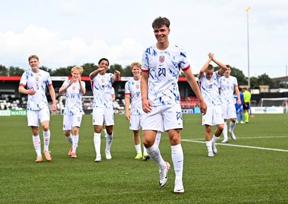 240715 Daniel Braut of Norway celebrates after scoring his side s first goal during the UEFA European Under 19 Championship group stage football match between Italy and Norway on July 15, 2024 in Belfast Photo Ben McShane BILDBYRAN Cop 275 SPF002 bbeng fotboll football soccer uefa european under 19 championship euro under 19 u19 em u19 norway italia italy italy  Copyright: SPORTSFILE BB240715BB515