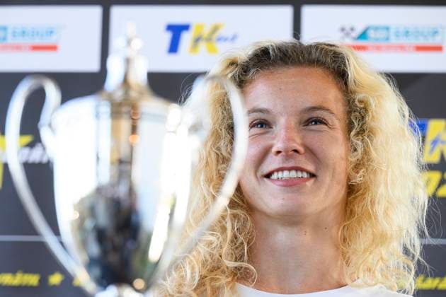 Czech tennis player Katerina Siniakova poses and smiles with the trophy during a briefing after her doubles victory at Wimbledon, on July 15, 2024, in Prague, Czech Republic. (CTKxPhoto MichalxKamaryt) CTKPhotoP2024071506104  CTKPhotoP2024071506104