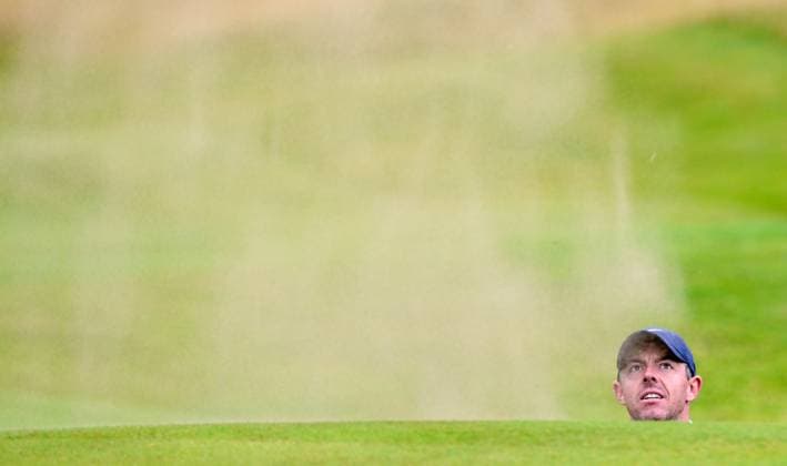 Rory McIlroy on the 4th hole from the green side bunker The British Open Championship, Practice, Golf, Royal Troon, Troon, UK - 16 July 2024  Copyright: xGreigxCowie Shutterstockx 14587991j