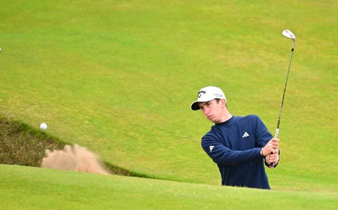 Tom McKibbin from a bunker on the 5th green The British Open Championship, Practice, Golf, Royal Troon, Troon, UK - 16 July 2024  Copyright: xGreigxCowie Shutterstockx 14587991u