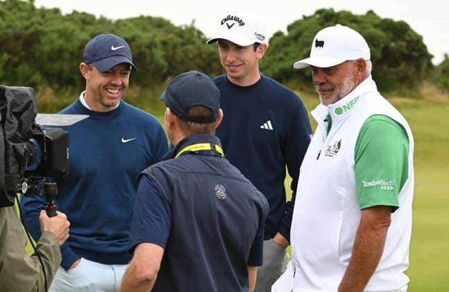Irishmen Rory McIlroy, Tom McKibbin and Darren Clarke interviewed on the 9th green after playing the front nine together The British Open Championship, Practice, Golf, Royal Troon, Troon, UK - 16 July 2024  Copyright: xGreigxCowie Shutterstockx 14587991x