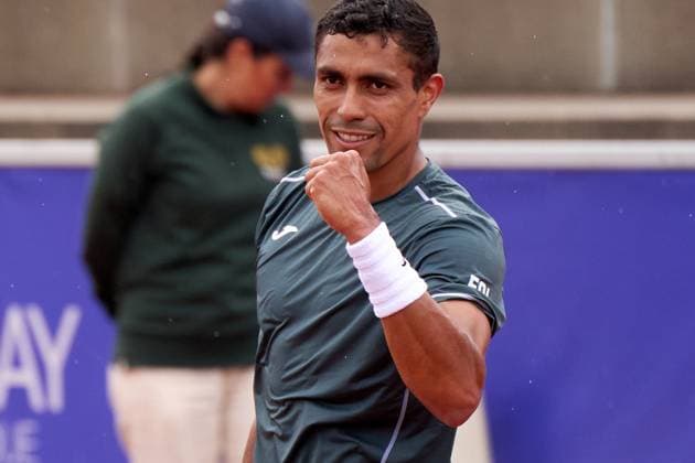 Thiago Monteiro of Brazil celebrates his first round win over Federico Coria of Argentina during Nordea Open at Bastad Tennis Stadium on July 16, 2024 in Bastad, Sweden (Photo by Camilla Stolen Imago) Bastad Sweden Copyright: xCamillaxStolenx L2260480