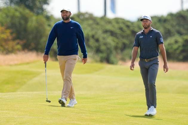 15th July 2024; Royal Troon Golf Club, Troon, South Ayrshire, Scotland; The Open Championship Practice Day; Scottie Scheffler and Sam Burns walk down the 11th fairway  ActionPlus12668600 StevenxFlynn