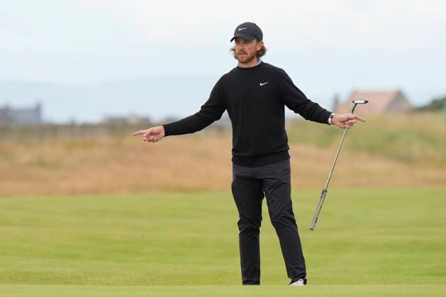 15th July 2024; Royal Troon Golf Club, Troon, South Ayrshire, Scotland; The Open Championship Practice Day; Tommy Fleetwood gestures on the first green  ActionPlus12668621 StevenxFlynn