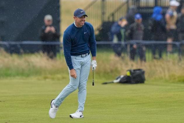 16th July 2024; Royal Troon Golf Club, Troon, South Ayrshire, Scotland; The Open Championship Practice Day 2; Rory McIlroy reacts as he plays his second shot from the 18th fairway  ActionPlus12668704 StevenxFlynn
