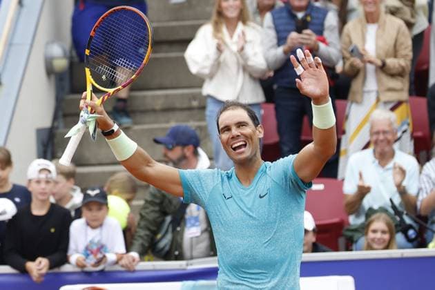 BASTAD, SWEDEN 20240716 Rafael Nadal of Spain celebrates after beating Leo Borg of Sweden in the first round of the mens singles at the Nordea Open in Bastad on Tuesday BASTAD, SWEDEN x9200x  Copyright: xAdamxIhse TTx NORDEA OPEN BASTAD
