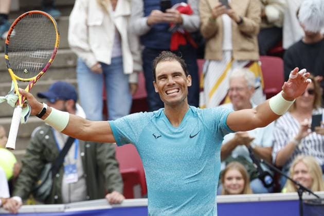 BASTAD, SWEDEN 20240716 Rafael Nadal of Spain celebrates after beating Leo Borg of Sweden in the first round of the mens singles at the Nordea Open in Bastad on Tuesday BASTAD, SWEDEN x9200x  Copyright: xAdamxIhse TTx NORDEA OPEN BASTAD