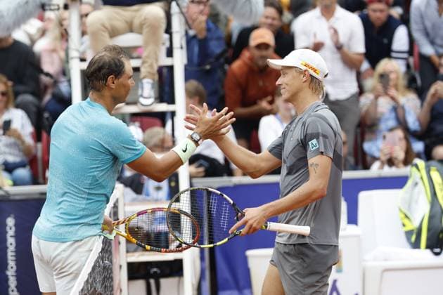 BASTAD, SWEDEN 20240716 Rafael Nadal tv , Spain, thanks Leo Borg, Sweden, after winning the first round match in the mens singles of the Nordea Open in Bastad on Tuesday BASTAD SWEDEN x9200x  Copyright: xAdamxIhse TTx NORDEA OPEN BASTAD