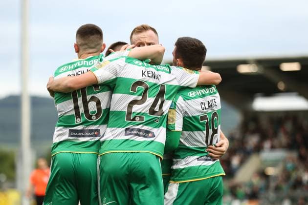 UEFA Champions League First Qualifying Round Second Leg, Tallaght Stadium, Dublin 16 7 2024 Shamrock Rovers vs Vikingur Reykjavik Shamrock Rovers Johnny Kenny celebrates with Gary O Neill, Sean Hoare and Trevor Clarke after scoring a goal Johnny Kenny celebrates with Gary O Neill, Sean Hoare and Trevor Clarke after scoring a goal 16 7 2024  Copyright: x INPHO BenxBradyx IIII5447