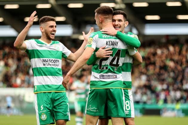 UEFA Champions League First Qualifying Round Second Leg, Tallaght Stadium, Dublin 16 7 2024 Shamrock Rovers vs Vikingur Reykjavik Shamrock Rovers Johnny Kenny celebrates with Dylan Watts and Trevor Clarke after scoring his teams second goal Johnny Kenny celebrates with Dylan Watts and Trevor Clarke after scoring his teams second goal 16 7 2024  Copyright: x INPHO BenxBradyx IIII5595