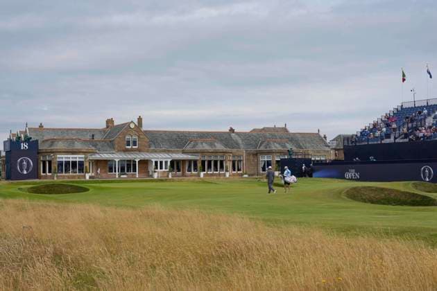 17th July 2024; Royal Troon Golf Club, Troon, South Ayrshire, Scotland; The Open Championship Practice Day 3; A general view of the 18th green and clubhouse during the Wednesday practice day  ActionPlus12668996 StevenxFlynn