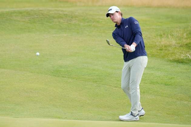 17th July 2024; Royal Troon Golf Club, Troon, South Ayrshire, Scotland; The Open Championship Practice Day 3; Maverick McNealy chips to the 12th green  ActionPlus12669007 StevenxFlynn