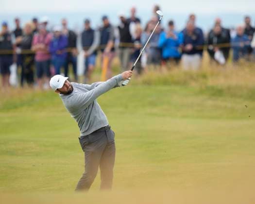 17th July 2024; Royal Troon Golf Club, Troon, South Ayrshire, Scotland; The Open Championship Practice Day 3; Scottie Scheffler plays from the fairway on the 15th hole  ActionPlus12669041 StevenxFlynn