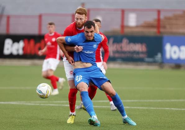 UEFA Champions League First Qualifying Round Second Leg, Inver Park, Larne 17 7 2024 Larne vs RFS Larne™s Cian Bolger with RFS™ Darko Lemajic Cian Bolger with Darko Lemajic 17 7 2024  Copyright: x INPHO JonathanxPorterx pe_00959210