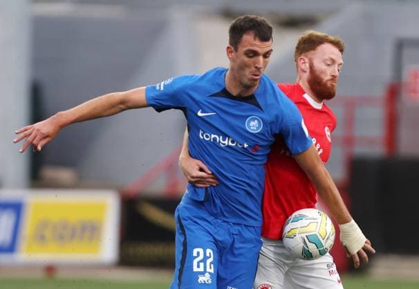 UEFA Champions League First Qualifying Round Second Leg, Inver Park, Larne 17 7 2024 Larne vs RFS Larne™s Cian Bolger with RFS™ Darko Lemajic Cian Bolger with Darko Lemajic 17 7 2024  Copyright: x INPHO JonathanxPorterx pe_00959215