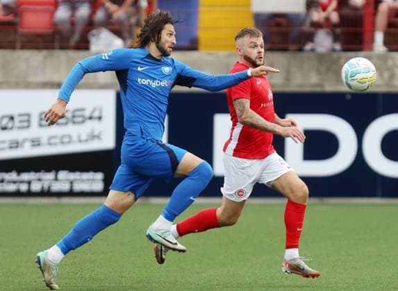 UEFA Champions League First Qualifying Round Second Leg, Inver Park, Larne 17 7 2024 Larne vs RFS Larne™s Andrew Ryan with RFS™ Herdi Prenga Andrew Ryan with Herdi Prenga 17 7 2024  Copyright: x INPHO JonathanxPorterx pe_00959216