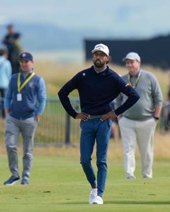 17th July 2024; Royal Troon Golf Club, Troon, South Ayrshire, Scotland; The Open Championship Practice Day 3; Akshay Bhatia walks up the 18th fairway  ActionPlus12669251 StevenxFlynn