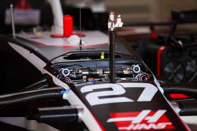 Haas F1 Team VF-24 Ferrari, Mechanical detail front suspension during the Formula 1 Hungarian Grand Prix 2024, 13th round of the 2024 Formula One World Championship, WM, Weltmeisterschaft from July 19 to 21, 2024 on the Hungaroring, in Mogyorod, Hungary - F1 - HUNGARIAN GRAND PRIX 2024 DPPI Panoramic  240718_R11_UNGHERIA_DP_EA020195