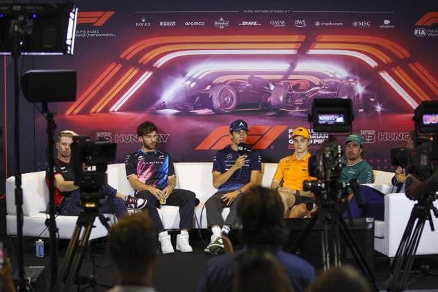 HULKENBERG Nico (ger), Haas F1 Team VF-24 Ferrari, portrait, GASLY Pierre (fra), Alpine F1 Team A524, portrait, ALBON Alexander (tha), Williams Racing FW46, portrait, PIASTRI Oscar (aus), McLaren F1 Team MCL38, portrait and ALONSO Fernando (spa), Aston Martin F1 Team AMR24, portrait at press conference, PK, Pressekonferenz during the Formula 1 Hungarian Grand Prix 2024, 13th round of the 2024 Formula One World Championship, WM, Weltmeisterschaft from July 19 to 21, 2024 on the Hungaroring, in Mogyorod, Hungary - F1 - HUNGARIAN GRAND PRIX 2024 DPPI Panoramic 240718_R11_UNGHERIA_DP_EA020565