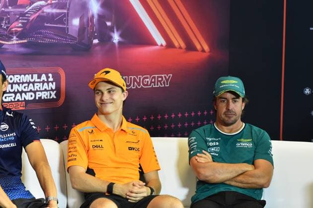 July 18, 2024, Budapest, Budapest, Hungary: Oscar Piastri (McLaren) and Fernando Alonso(Aston Martin) on the Drivers press conference, PK, Pressekonferenz before the Hungarian Grand Prix held on July 21 on the Hungaroring. Budapest Hungary - ZUMAs291 20240718_zip_s291_021 Copyright: xBalintxSzentgallayx