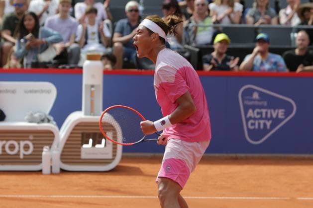 Tennis Men ATP, Tennis Men Tour 500 European Open Hamburg, Hamburg Open ATP 500 2024 , 18 07 2024 , Zhizhen Zhang CHN is happy about the victory Copyright: FernandoxSoares