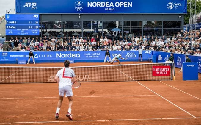 240718 Cameron Norrie of Great Britain and Rafael Nadal of Spain during day 4 of the Nordea Open on July 18, 2024 in Bastad Photo Niclas Jönsson BILDBYRAN COP 273 NO0288 tennis atp 250 nordea open bbeng  Copyright: NICLASxJÖNSSON BB240718NO058