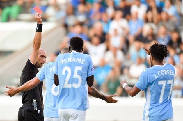 240718 Joao Correia of Pafos receives a red card during the UEFA Europa League qualification match between Pafos and Elfsborg on July 18, 2024 in Limassol Photo Alex Nicodim BILDBYRAN COP 282 AN0007 fotboll football soccer fotball uefa europa league pafos elfsborg bbeng depp  Copyright: ALEXxNICODIM BB240718BB616