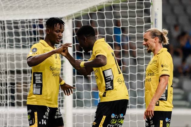 240718 Michael Baidoo and Jalal Abdullai of Elfsborg celebrate during the UEFA Europa League qualification match between Pafos and Elfsborg on July 18, 2024 in Limassol Photo Alex Nicodim BILDBYRAN COP 282 AN0007 fotboll football soccer fotball uefa europa league pafos elfsborg bbeng jubel  Copyright: ALEXxNICODIM BB240718BB708