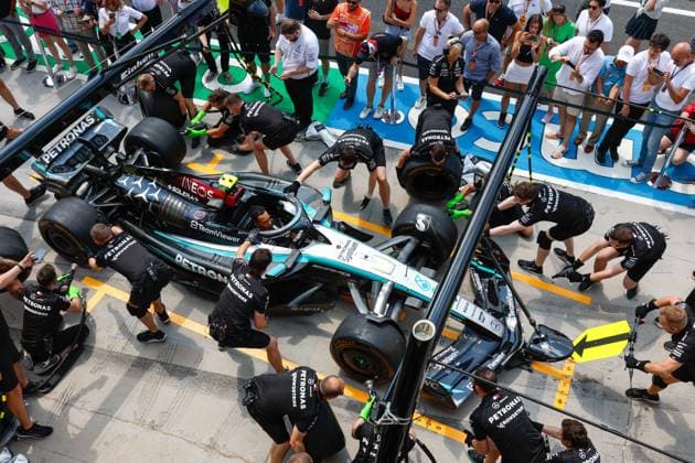 Mercedes AMG Petronas F1 Team during pit stop practice, F1 Grand Prix of Hungary at Hungaroring on July 19, 2024 in Budapest, Hungary Photo by HOCH ZWEI Budapest Hungary