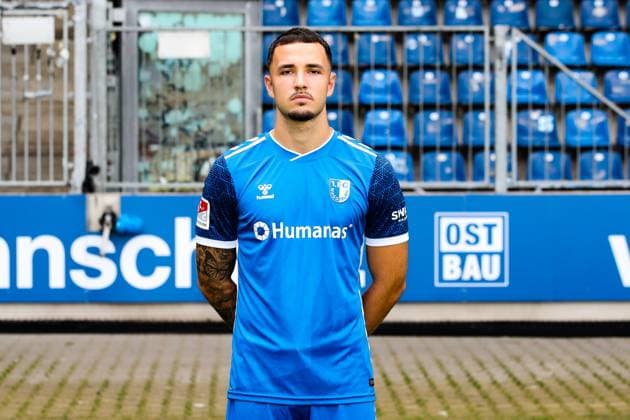 Falko Michel, 1 FC Magdeburg 2 Soccer Bundesliga portrait appointment 2 BL 2024 2025 official photo appointment 1 FC Magdeburg in the Avnet Arena in Magdeburg portrait, portrait, single picture, Germany, football, men, GER, 18 07 2024 Christian Schroedter