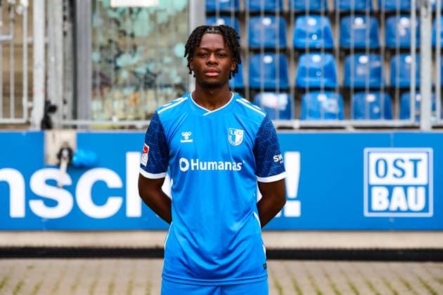 Pierre Nadjombe, 1 FC Magdeburg 2 Soccer Bundesliga portrait appointment 2 BL 2024 2025 official photo appointment 1 FC Magdeburg in the Avnet Arena in Magdeburg portrait, portrait, single picture, Germany, football, men, GER, 18 07 2024 Christian Schroedter