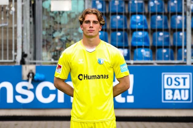 Goalkeeper Noah Kruth, 1 FC Magdeburg 2 Soccer Bundesliga portrait appointment 2 BL 2024 2025 official photo appointment 1 FC Magdeburg in the Avnet Arena in Magdeburg portrait, portrait, single picture, Germany, football, men, GER, 18 07 2024 Christian Schroedter