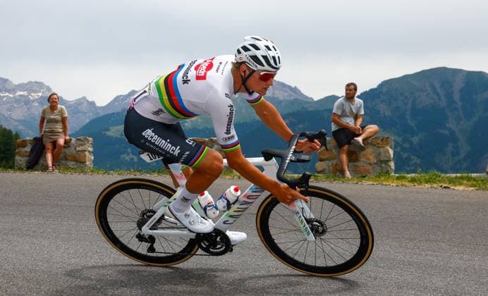 Dutch Mathieu van der Poel of Alpecin-Deceuninck pictured in action during stage 19 of the 2024 Tour de France cycling race, from Embrun to Isola 2000 (144,6 km), in France, on Friday 19 July 2024. The 111th edition of the Tour de France starts on Saturday 29 June and will finish in Nice, France on 21 July. POOLxLUCASxBETTINI  x96723948x