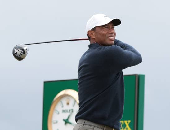 American Tiger Woods tees off during the second round at the 152nd Open Championship at Royal Troon Golf Club in Troon, Scotland on Friday, July 19, 2024. Tiger Woods missed the cut and finished with a score of fourteen over par.  LON2024071947 HUGOxPHILPOTT
