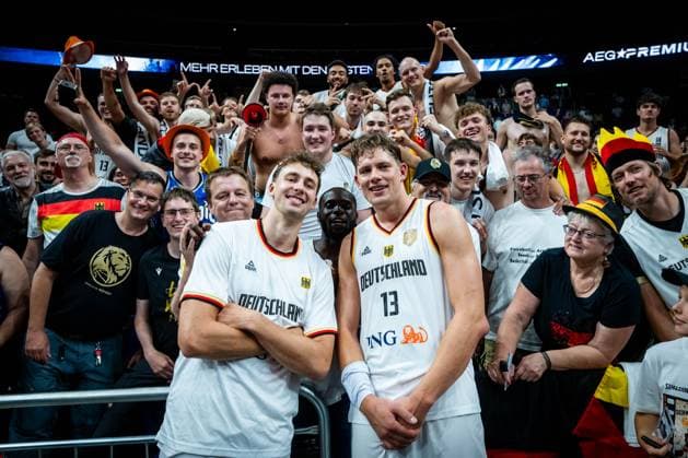 Basketball Berlin 19 07 2024 International Test Match Men Germany GER Japan JPN Franz Wagner Germany, No 09 Moritz Wagner Germany, No 13 fans