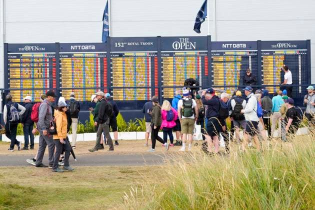 19th July 2024; Royal Troon Golf Club, Troon, South Ayrshire, Scotland; The Open Championship Round 2; Spectators rather around the scoreboard as the second round draws to a close  ActionPlus12669966 StevenxFlynn