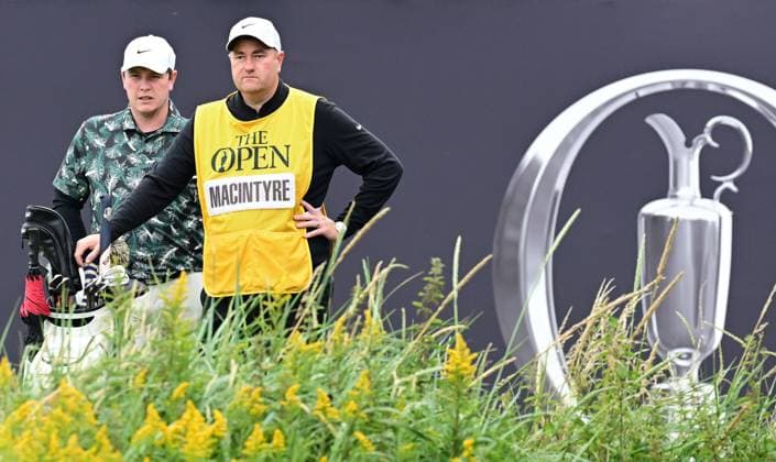 Robert MacIntyre and Caddie Mike Burrow on the 1st Tee The British Open Championship, Day Three, Golf, Royal Troon, Troon, UK - 20 July 2024  Copyright: xGreigxCowie Shutterstockx 14587997a
