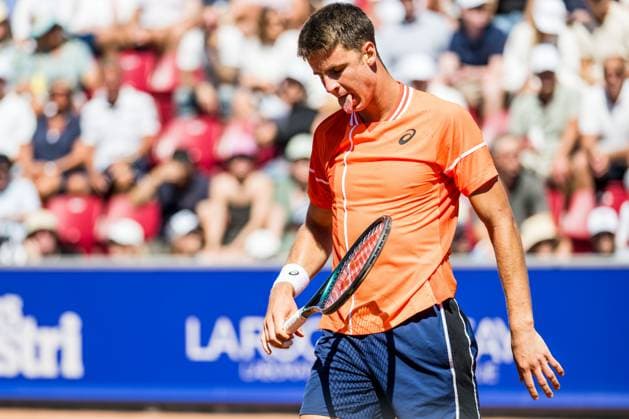 240720 Duje Ajdukovic of Croatia looks dejected during day 6 of the Nordea Open on July 20, 2024 in Bastad Photo Niclas Jönsson BILDBYRAN COP 273 NO0290 tennis atp 250 nordea open bbeng depp  Copyright: NICLASxJÖNSSON BB240720NO023