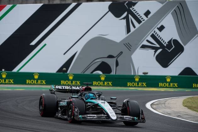 George Russell Mercedes AMG Petronas Formula One Team, Great Britain, 63 in the Mercedes AMG F1 W15 E Performance in front of a painting of a silver Formula 1 car and Rolex branding, HUN, Formula 1 World Championship, Hungarian Grand Prix, Hungaroring, Free Practice, 20 07 2024 HUN, Formula 1 World Championship, Hungarian Grand Prix, Hungaroring, Free Practice, 20 07 2024 Mogyorod Copyright: xEibner-Pressefoto Memmlerx EP_MMR