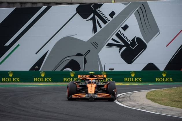 Lando Norris McLaren Formula 1 Team, Great Britain, 04 in McLaren MCL38 in front of a painting of a silver Formula 1 car and Rolex branding, HUN, Formula 1 World Championship, Hungarian Grand Prix, Hungaroring, Free Practice, 20 07 2024 HUN, Formula 1 World Championship, Hungarian Grand Prix, Hungaroring, Free Practice, 20 07 2024 Mogyorod Copyright: xEibner-Pressefoto Memmlerx EP_MMR