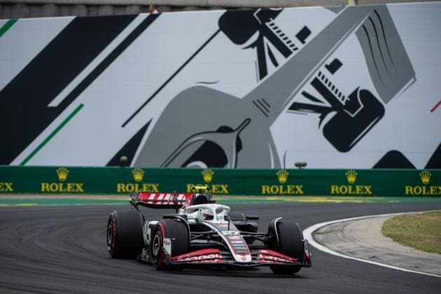 Nico Huelkenberg MoneyGram Haas F1 Team, Germany, 27 in Haas VF 24 in front of a painting of a silver Formula 1 car and Rolex branding, HUN, Formula 1 World Championship, Hungarian Grand Prix, Hungaroring, Free Practice, 20 07 2024 HUN, Formula 1 World Championship, Hungarian Grand Prix, Hungaroring, Free Practice, 20 07 2024 Mogyorod Copyright: xEibner-Pressefoto Memmlerx EP_MMR