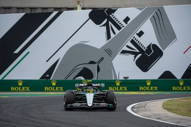 Lewis Hamilton Mercedes AMG Petronas Formula One Team, Great Britain, 44 in the Mercedes AMG F1 W15 E Performance in front of the painting of a silver Formula 1 car and Rolex branding, HUN, Formula 1 World Championship, Hungarian Grand Prix, Hungaroring, Free Practice, 20 07 2024 HUN, Formula 1 World Championship, Hungarian Grand Prix, Hungaroring, Free Practice, 20 07 2024 Mogyorod Copyright: xEibner-Pressefoto Memmlerx EP_MMR