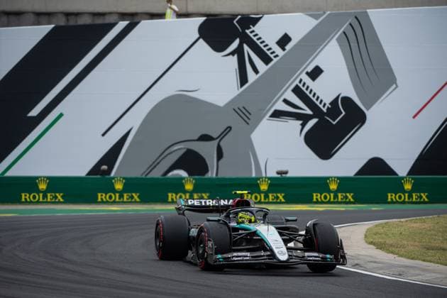 Lewis Hamilton Mercedes AMG Petronas Formula One Team, Great Britain, 44 in the Mercedes AMG F1 W15 E Performance in front of the painting of a silver Formula 1 car and Rolex branding, HUN, Formula 1 World Championship, Hungarian Grand Prix, Hungaroring, Free Practice, 20 07 2024 HUN, Formula 1 World Championship, Hungarian Grand Prix, Hungaroring, Free Practice, 20 07 2024 Mogyorod Copyright: xEibner-Pressefoto Memmlerx EP_MMR