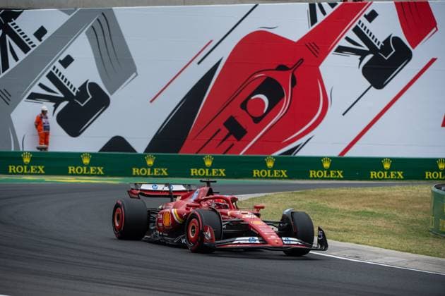 Charles Leclerc Scuderia Ferrari HP, Monaco, 16 in Ferrari SF 24 in front of the painting of a red Formula 1 car and Rolex branding, HUN, Formula 1 World Championship, Hungarian Grand Prix, Hungaroring, Free Practice, 20 07 2024 HUN, Formula 1 World Championship, Hungarian Grand Prix, Hungaroring, Free Practice, 20 07 2024 Mogyorod Copyright: xEibner-Pressefoto Memmlerx EP_MMR