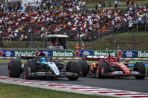 63 RUSSELL George (gbr), Mercedes AMG F1 Team W15, 16 LECLERC Charles (mco), Scuderia Ferrari SF-24, action during the Formula 1 Hungarian Grand Prix 2024, 13th round of the 2024 Formula One World Championship, WM, Weltmeisterschaft from July 19 to 21, 2024 on the Hungaroring, in Mogyorod, Hungary - F1 - HUNGARIAN GRAND PRIX 2024 DPPI Panoramic 240720_R13_UNGHERIA_DP_1H0A5577
