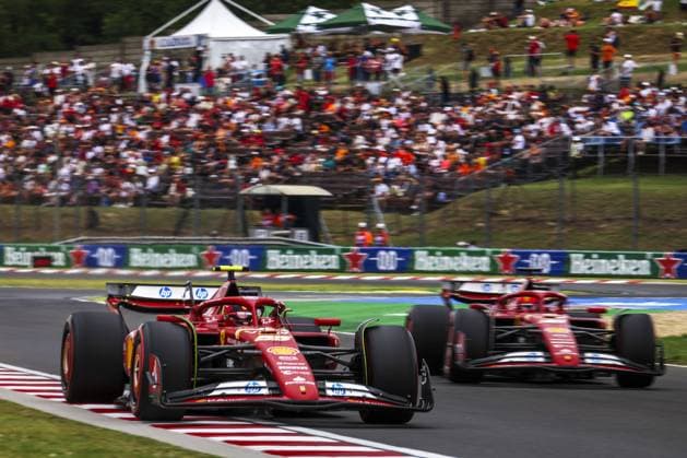 55 SAINZ Carlos (spa), Scuderia Ferrari SF-24, 16 LECLERC Charles (mco), Scuderia Ferrari SF-24, action during the Formula 1 Hungarian Grand Prix 2024, 13th round of the 2024 Formula One World Championship, WM, Weltmeisterschaft from July 19 to 21, 2024 on the Hungaroring, in Mogyorod, Hungary - F1 - HUNGARIAN GRAND PRIX 2024 DPPI Panoramic 240720_R13_UNGHERIA_DP_1H0A5887