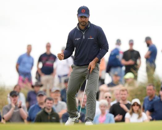 20th July 2024; Royal Troon Golf Club, Troon, South Ayrshire, Scotland; The Open Championship Round 3; Shubhankar Sharma celebrates after holing a putt on the 12th green  ActionPlus12670017 StevenxFlynn