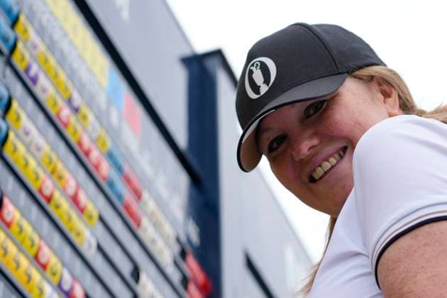 20th July 2024; Royal Troon Golf Club, Troon, South Ayrshire, Scotland; The Open Championship Round 3; A scoreboard operator keeps the board up to date  ActionPlus12670028 StevenxFlynn