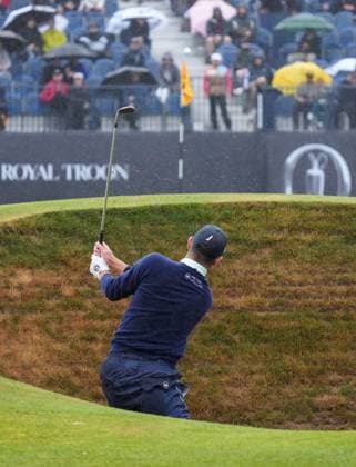 Justin Rose plays out of a bunker at the 17th green. The British Open Championship, Day Three, Golf, Royal Troon, Troon, UK - 20 July 2024  Copyright: xStuartxWallace Shutterstockx 14588004bv