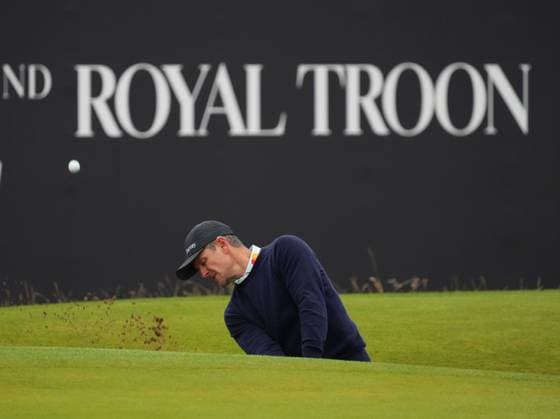 Justin Rose plays out of a bunker at the 18th green. The British Open Championship, Day Three, Golf, Royal Troon, Troon, UK - 20 July 2024  Copyright: xStuartxWallace Shutterstockx 14588004ce